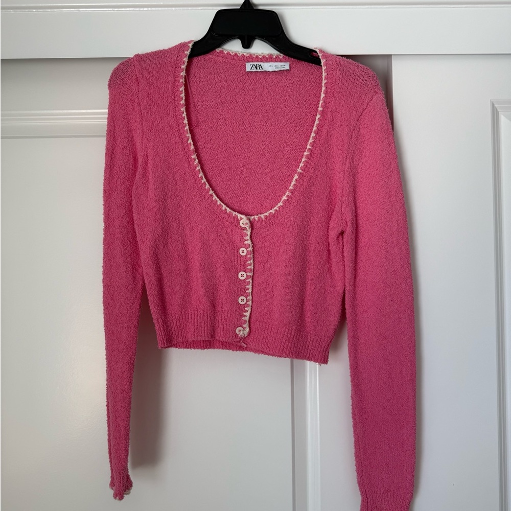 Zara Fuchsia Cropped Cardigan Sweater with White Trim